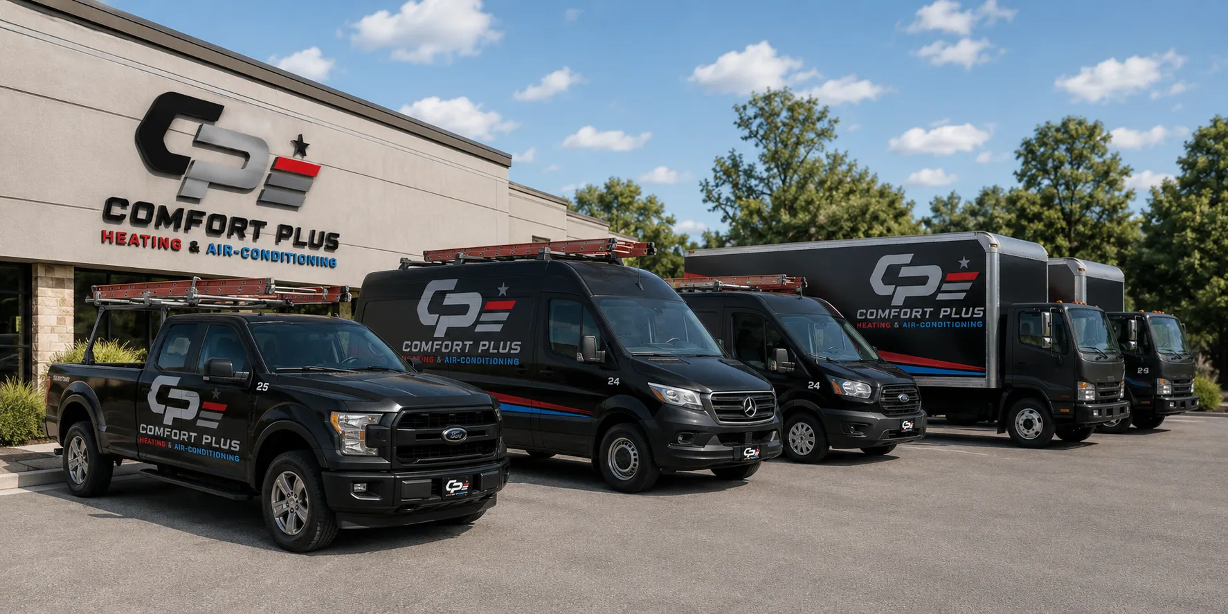 Comfort Plus corporate service fleet lined up in bright daylight