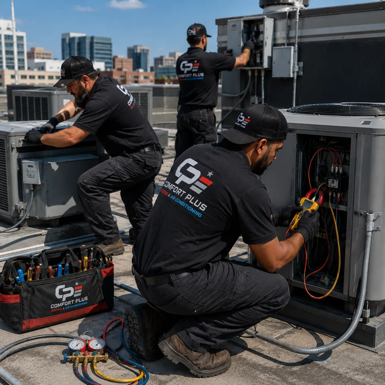 Comfort Plus HVAC technicians servicing rooftop packaged units in Southern California