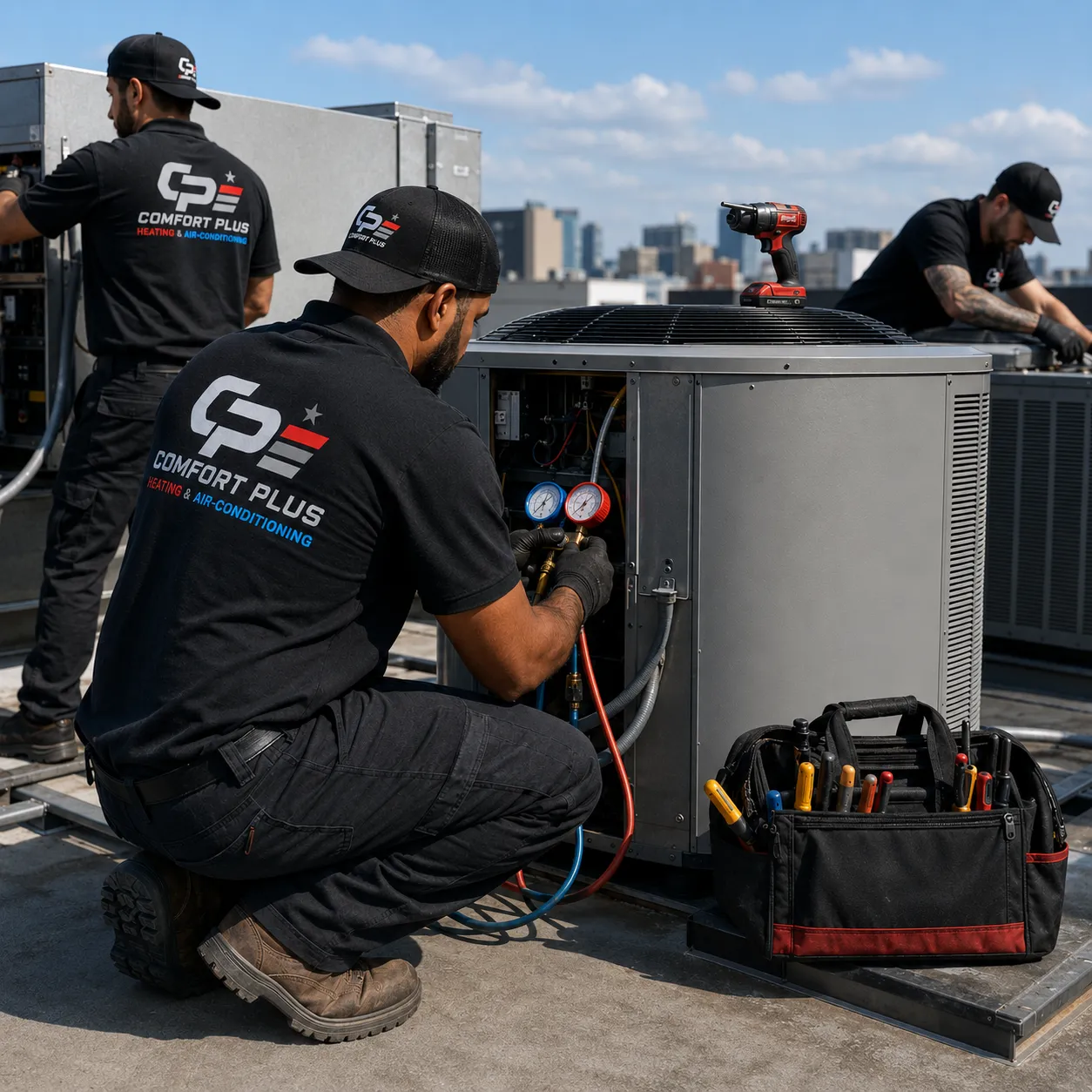 Comfort Plus HVAC technicians servicing a packaged rooftop unit on a Riverside commercial building